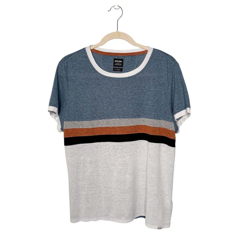 Prana Women's Cozy Up Ringer Tee Blue Striped Short Sleeve SZ L
